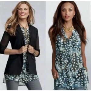 Cabi Women’s Avery Tunic Top Blue Abstract Print Sleeveless Button Up Blouse 416